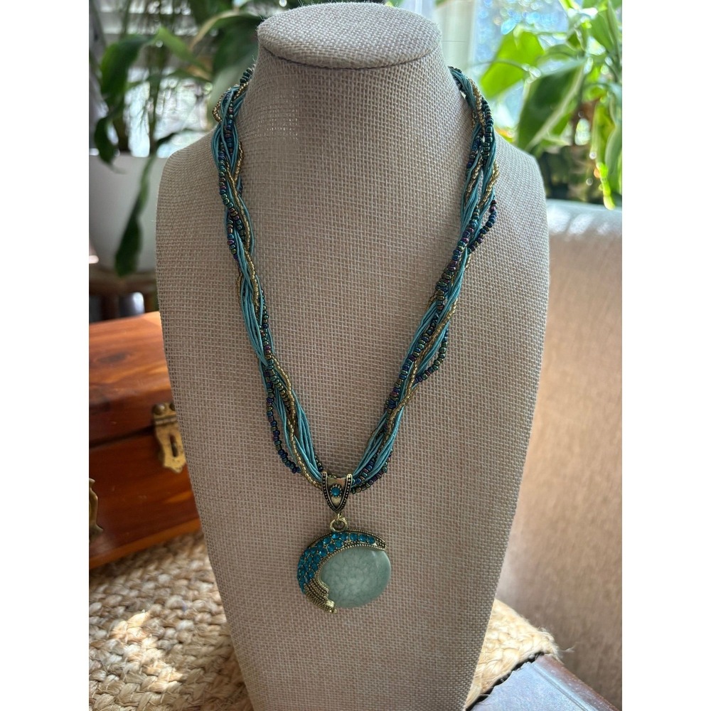 Vintage Bohemian Crescent Moon Pendant Necklace Multi-Strand Cord Seed Bead Teal